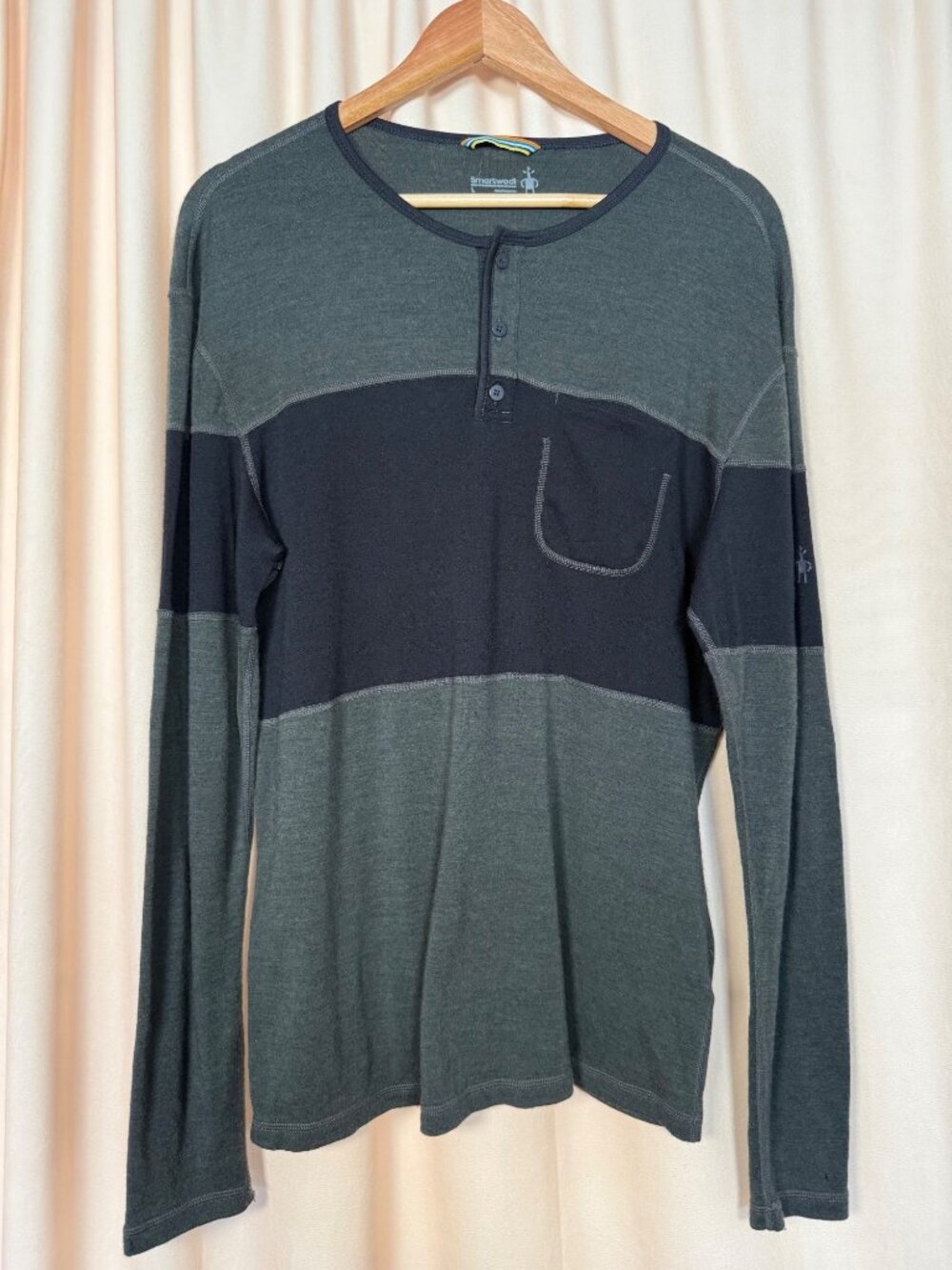 SmartWool Mens Long Sleeve Tee Size L Green Striped Flaws Layering Winter